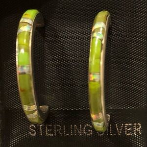 Shirley Martinez Native Inlay Stamped Sonoran Gold & Opal Earrings 925